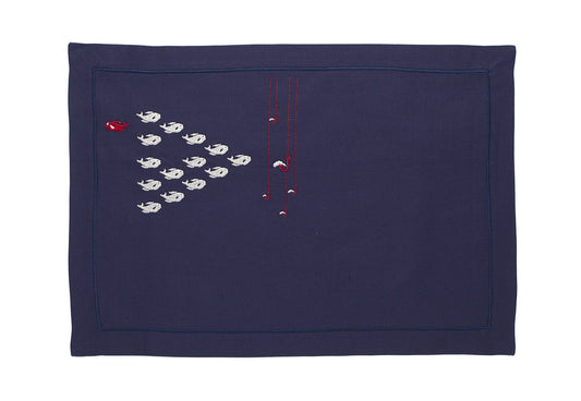 Navy Blue Linen Placemat "Runaway Fish" - Marine Embroidery