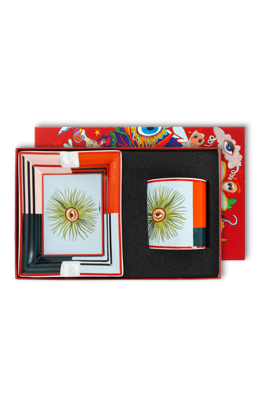 Porcelain Ashtray and Candle Holder Set with Protective Eye 17x17cm - I Believe in Good