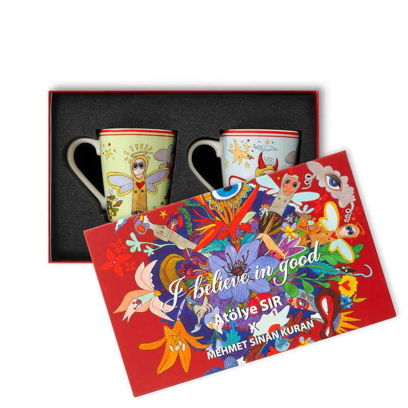 Set of 2 Turkish Porcelain Heaven or Hell Mugs 300ml - I Believe in Good