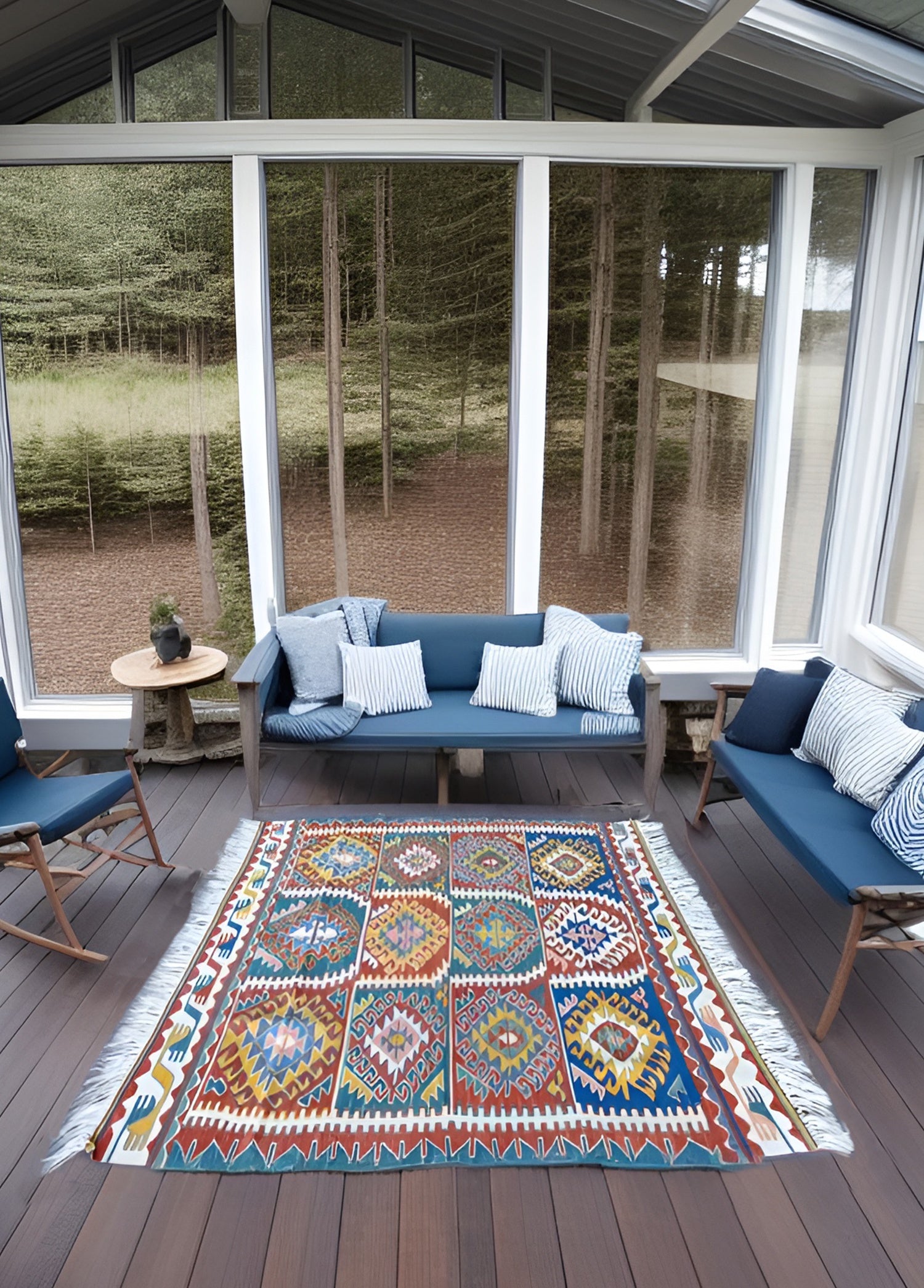 Mimoza Ethnic Patterned Hand -Woven Wool Poplar Rug Artesanal Natural Wool 111x125cm – Origen Sostenible
